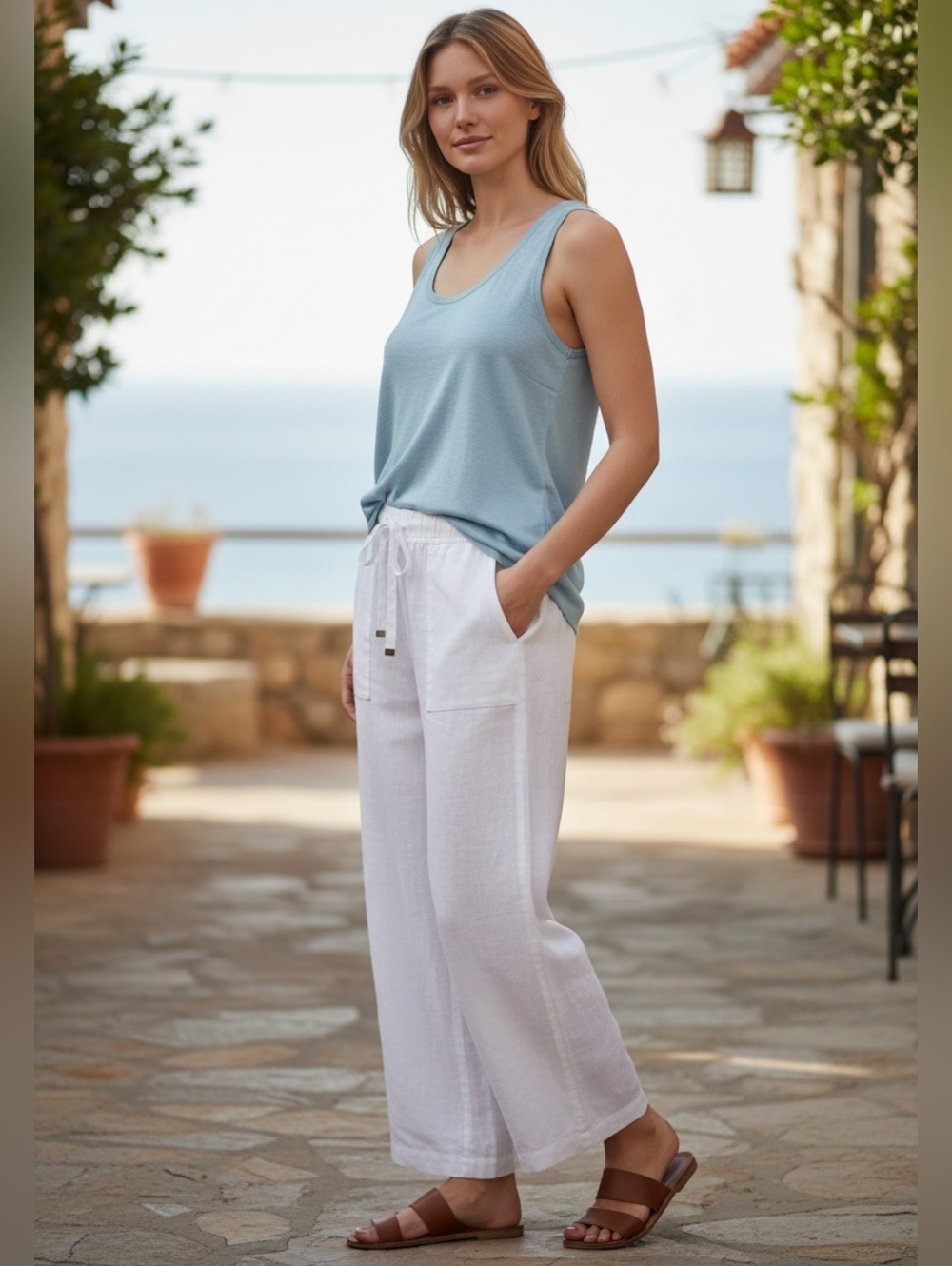 NWT Joie Women's White 100% Linen High Rise Wide Leg Drawstring L
